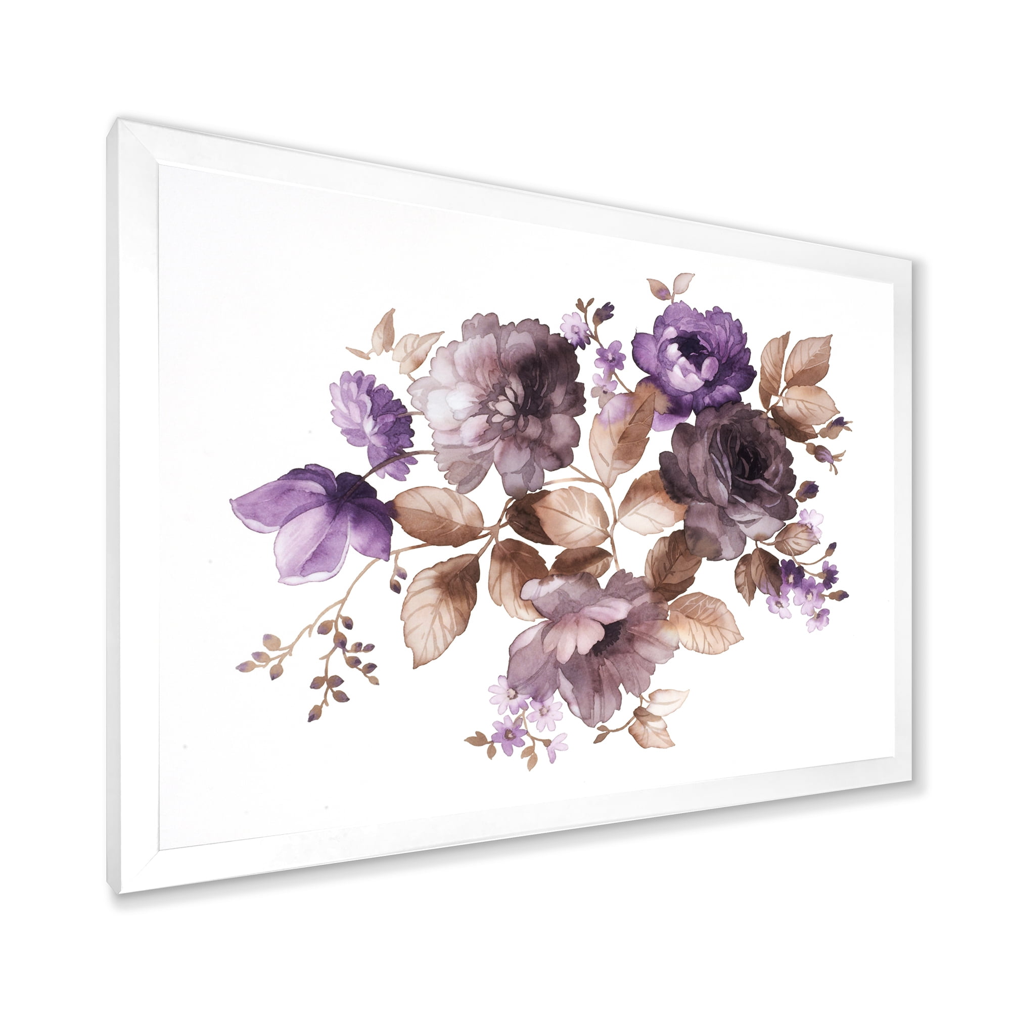 Designart 'Purple Retro Flowers With Brown Leaves On White' Traditional Framed Art Print