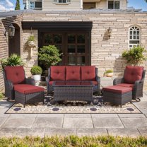 Unnifurnzi Wicker Outdoor Conversation Set-6 Pieces Outdoor Wicker High Back Couch with Swivel Rocker Chairs Patio Furniture for Deck Poolside Backyard-Brown/Red