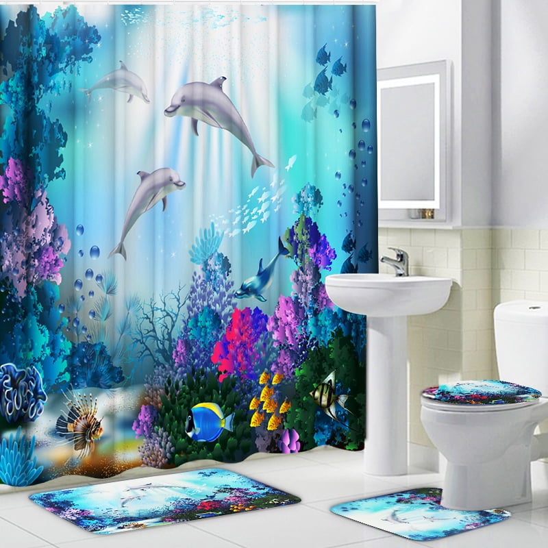 Underwater World for Kids LB Dolphin Shower Curtain 59x71 inch Blue Ocean Bath Curtains Under Sea Fish Coral Bathroom Curtains with Hooks,Water Resistant Anti-mold Polyester Fabric Home Decor 