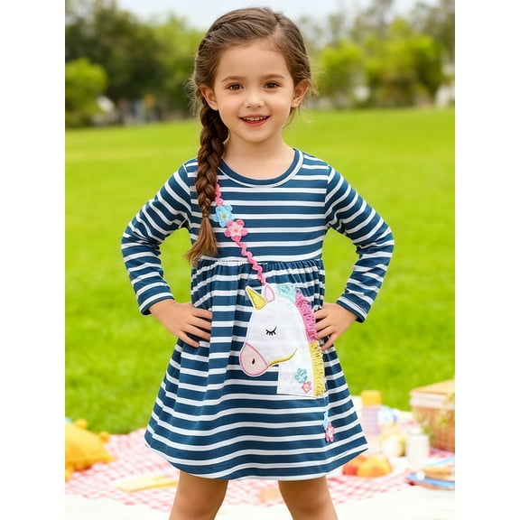 HILEELANG Toddler Girls Long Sleeved Dresses Christmas Winter Cotton Casual Cute Stripe Unicorn Cartoon Pattern Dress 5T