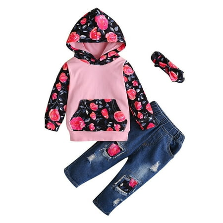 

PEZHADA Baby Children s Girls Sunflower Leopard Hooded Sweater Denim Trousers Jeans 3pcs Pink