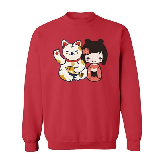 Cute Japanese Girl And Lucky Cat Sweatshirt Men -Image by Shutterstock, Male 3X-Large