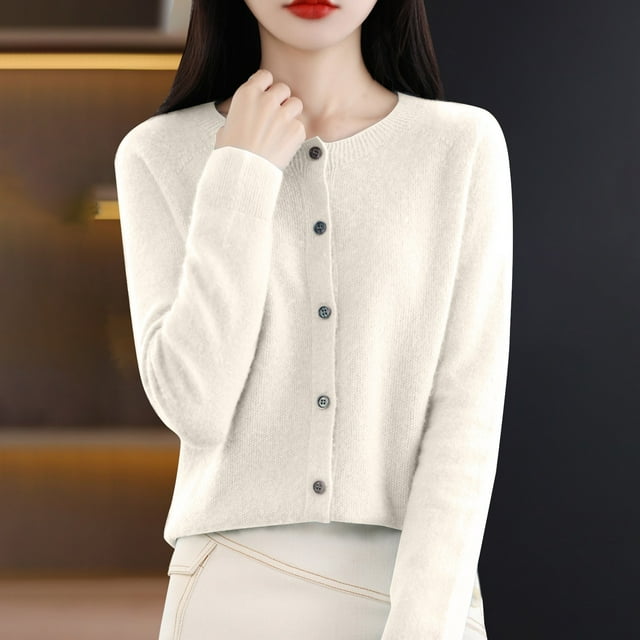 Baberdicy Haut en Tricot Uni pour Femme, Cardigan à Col Rond Ouvert à l'Avant, Cardigan Uni à Col Rond, Chandail en Tricot Décontracté, Haut de Tous les Jours Beige G
