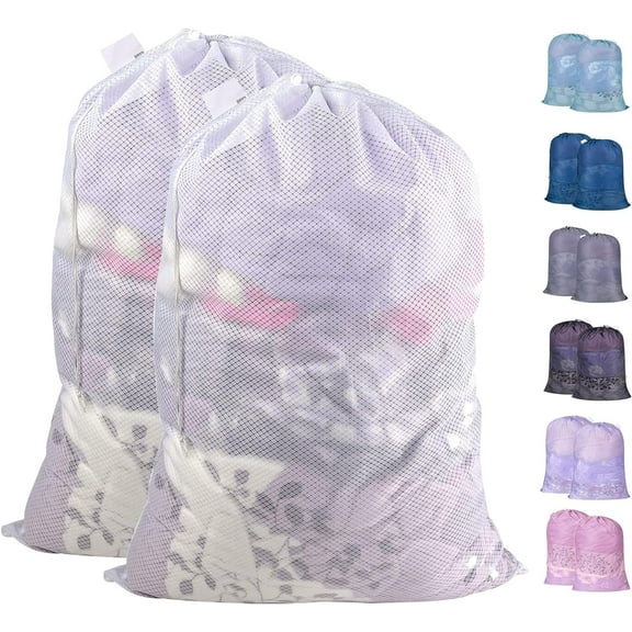 Generic Heavy Duty Extra Large Mesh Laundry Bags with ID Tag and Locking Drawstring Closure - 2 Pack, 30 x 36 inches - Laundry Hamper Liner, Washable Laundry Bag for Travel, Sports, Dorms (White)
