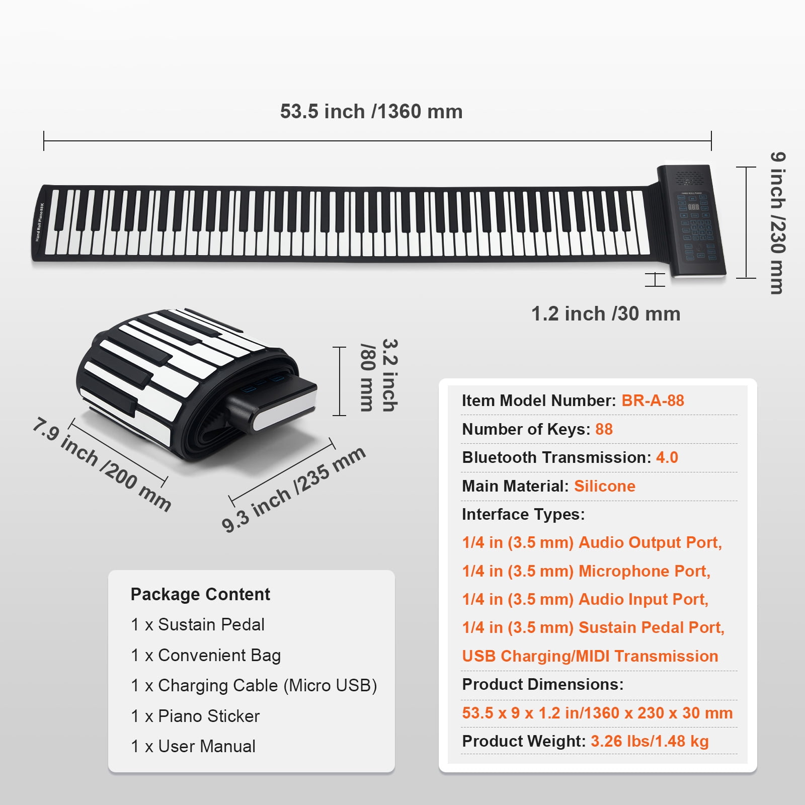 KFFKFF Roll-Up Keyboard Piano with 88 Keys, 128 Unique Rhythms and Tones, Compact Electric Digital Hand Roll Piano, Comes with Rechargeable Battery, 2W Speaker, LED Display, 5 Ports, and MIDI Functio