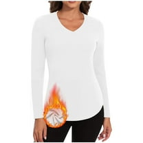APEXFWDT Women's V-Neck Thermal Top Long Sleeve Undershirt Stretchy Fitted Base Layer T-Shirt Fall Winter Comfortable Daily Wear,S,White