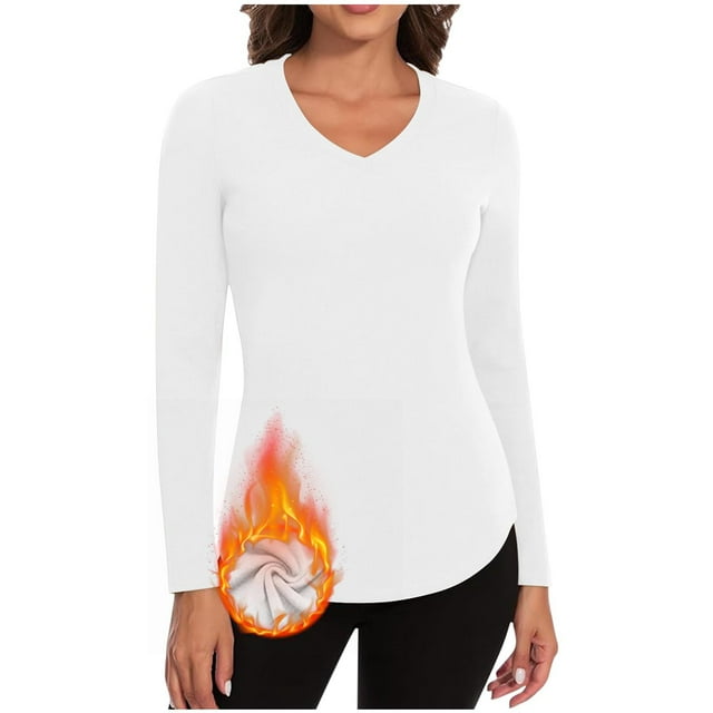 Timegard Womens Tops Fleece Lined Comfy Skinny Tops V Neck Thermal Underwear Fall Winter Solid Color