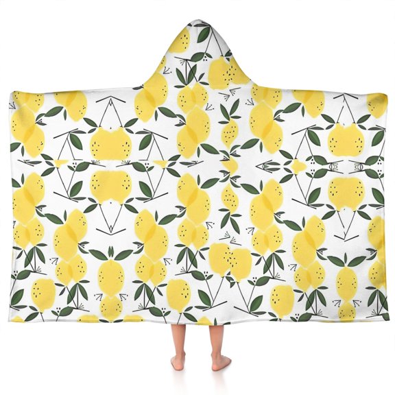 Yellow Lemon Fruit Leaves White Pattern Hooded Bath Towel,50"x30" for Ages 3 To 12 Kids, Quick Dry Lightweight Soft Microfiber Hood Beach Towel Cover Up for Kids