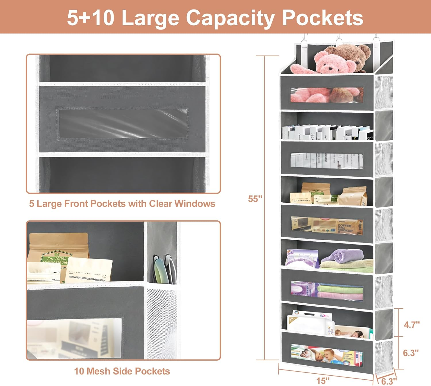 VONGEM Over-the-Door Organizer 5-Tier 2-Pack Grey photo 2