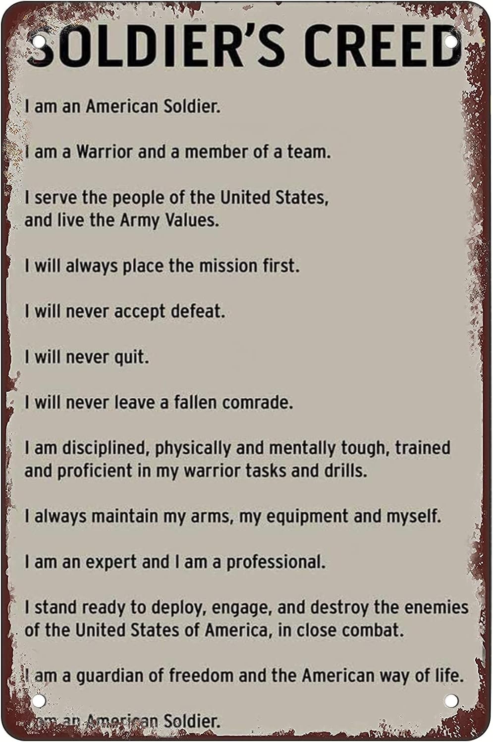 US Army Soldiers Creed 8x12 Inches Retro Vintage wall decor Sign Metal
