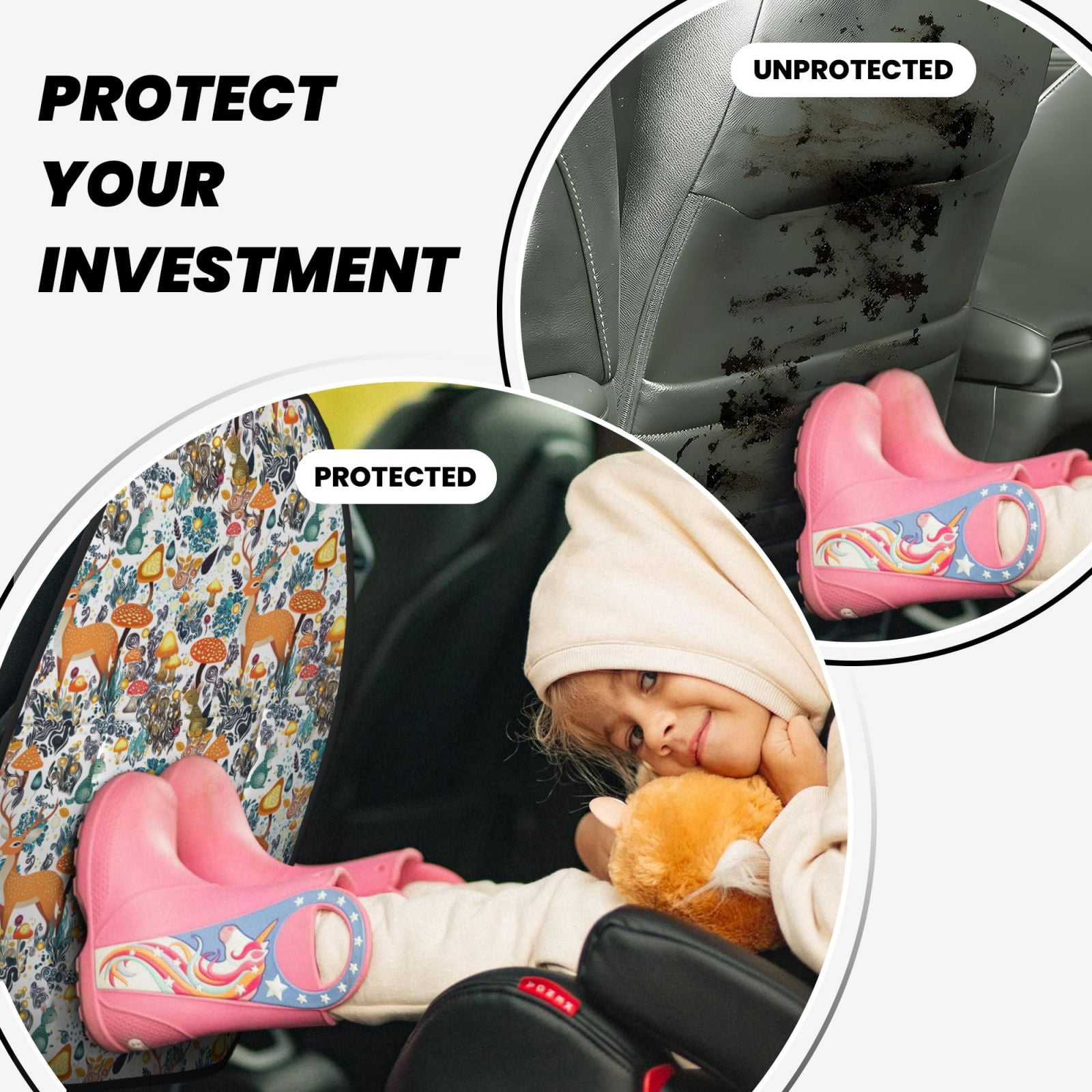 Kdxio Abstract Plants Mushroom Deer Print 2 Pack Car Kick Mat Seat Cover Back Protector Mat with Pockets for Organizer Backseat Protector and Storage Anti Kick Pad for Vehicles