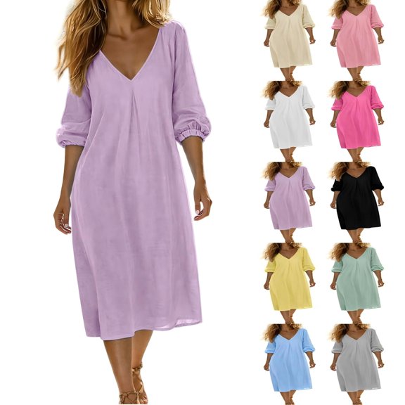Tqcoqu V Neck Puff Sleeve Tunic Dress for Women Summer Short Sleeve Maxi Dress Casual Loose Vacation Beach Midi Dresses,Beige,Women's S-XXXL