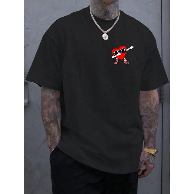 Men's Casual Round Neck Short Sleeve Heart Print Minimalist T-Shirt, For Everyday Wear