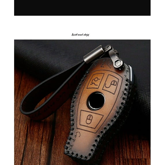 Dobrev Genuine Leather Cover Case Fob Remote Protector KeyChain Skin Holder Keyless Entry for Mercedes Benz C E S G M R SL Class Smart Key brown