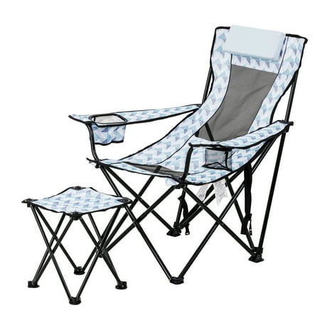 Ozark Trail Lounge Camp Chair Detached Footrest Blue and White Design Padded Headrest Adult 10.56lbs