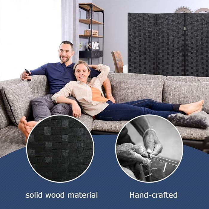 Room Dividers and Folding Privacy Screens 4 Panel 6 ft Foldable Portable Room Seperating Divider, Handwork Wood Mesh Woven Design Wall, Freestanding, Black
