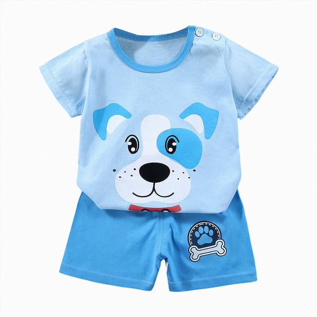COMVALUE Animals Graphic T-Shirt Shorts Set (Blue, 3-4 Years)