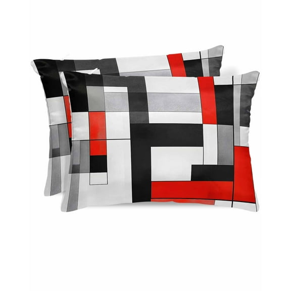 Hokiten King Size Pillow Cases Set of 2, Pillow Covers for Bed, Red Black Satin Pillowcases with Zipper for Hair/Skin, Abstract Geometric Grey White Middle Century 20x36 Inches