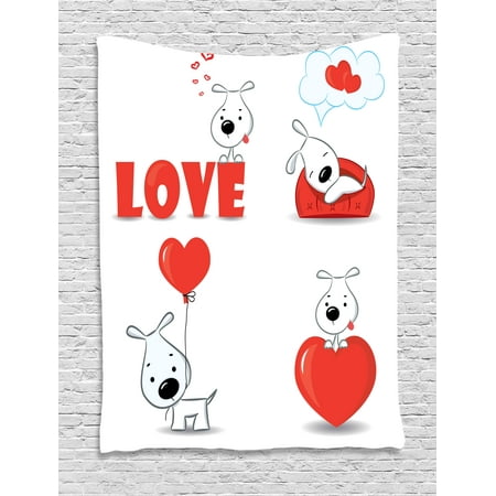 Love Tapestry Wall Hanging Set of Funny Dogs with Heart Symbols Love My Pet Best Friends Companions Ever Animal Theme, Bedroom Living Room Dorm Decor, Red White, by