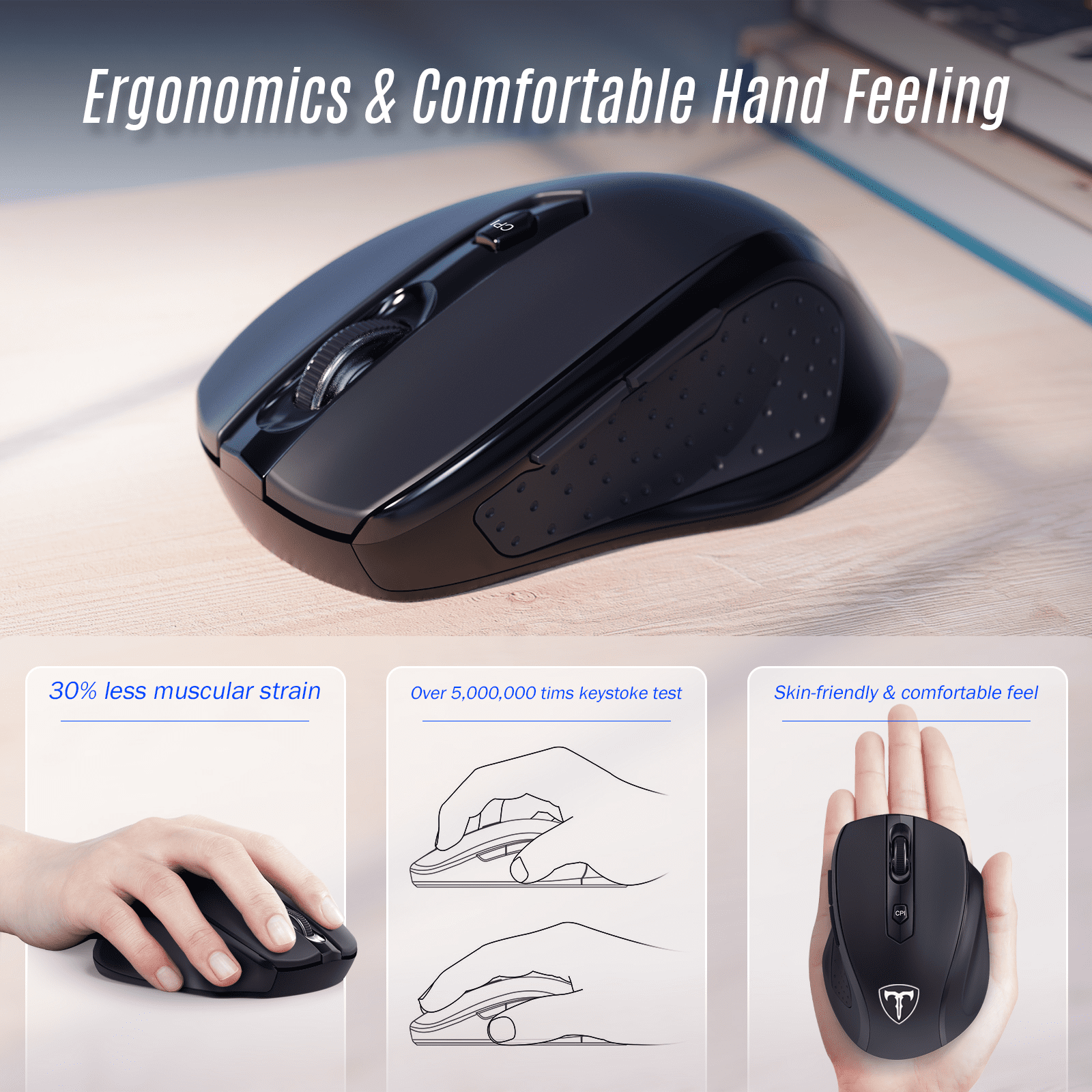 VicTsing 2.4G Wireless Computer Mouse USB Cordless Mice for Laptop, Ergo Grips, 800-2400 DPI, 16 Months Battery, Auto-sleep Mode, Portable Computer Mouse for PC Mac Chromebook, 6 Button - Black