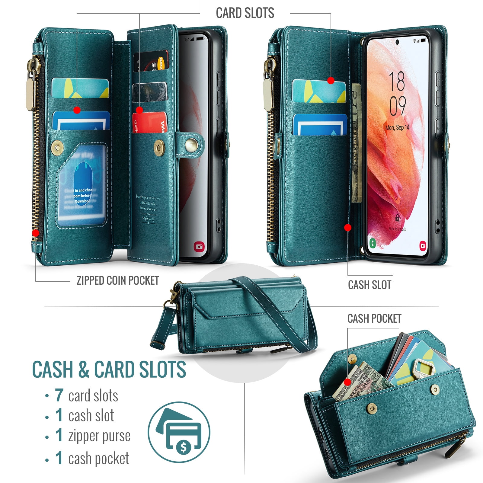 Asuwish Compatible with Samsung Galaxy S21 5G 6.2 inch Zipper Wallet Phone Case Tempered Glass Screen Protector Crossbody Lanyard Strap Flip Card Holder Slot Cell Cover for S 21 21S G5 Women Green