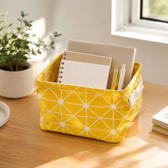 Linnome Linen Cotton Desktop Storage Basket Fresh Fabric Organizer Box Foldable Small Sundry Holder for Bedroom Vanity Living Room Countertop Tidying