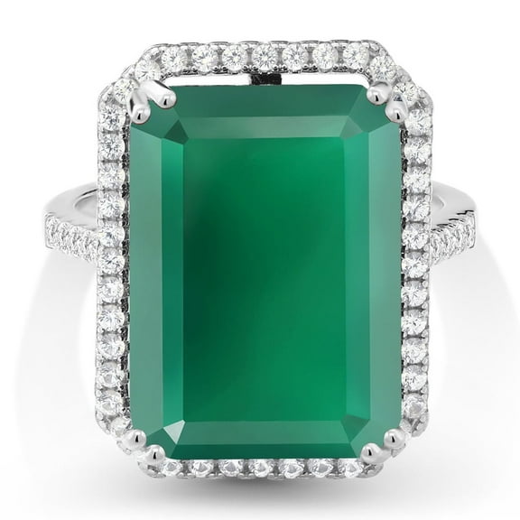 Gem Stone King 925 Sterling Silver Green Onyx Ring for Women (16.14 Cttw, Emerald Cut 18X13MM, Gemstone Birthstone, Available in Size 5, 6, 7, 8, 9)