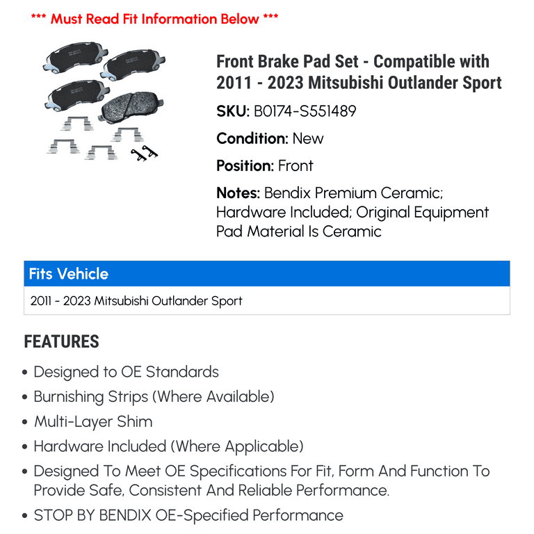 Front Brake Pad Set - Compatible with 2011 - 2023 Mitsubishi