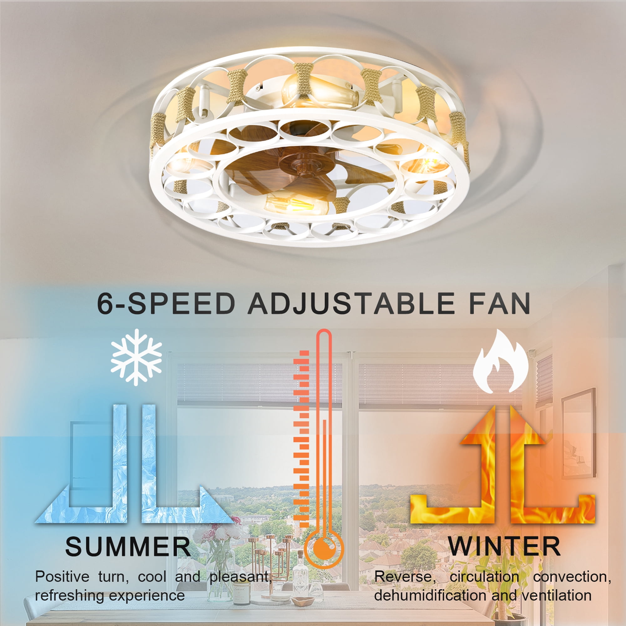 Aukfa 20" Caged Ceiling Fans with Lights and Remote, Low Profile Bladeless Caged Fan with 6 Speeds and Timing, White