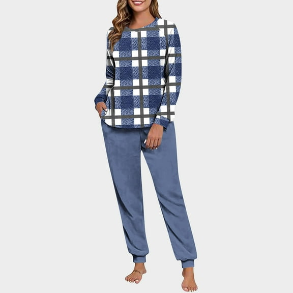 BLTIBY Women's Fuzzy Pajama Set Fashion Plaid Fleece Long Sleeve Tops Wide Leg Sweatpant Fall Winter Loungewear with Pockets Sky Blue M