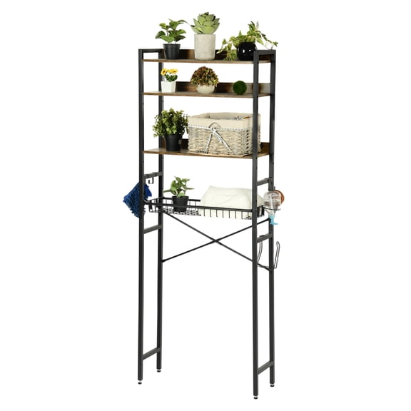 4-Tier Rustic Over-The-Toilet Storage Shelf, Freestanding Bathroom Organizer with Adjustable Shelf, Basket, Hooks & Toilet Paper Holder, Space-Saving Rack for Bathroom Laundry Room