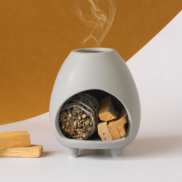 Palo Santo Brûleur Support, Brûleur en Céramique Fait Main et Attrape-Cendres pour Bâtonnets de Palo Santo Ou Ensembles de Sauge, Bol à Bavure, Décoration de Méditation (Gris)
