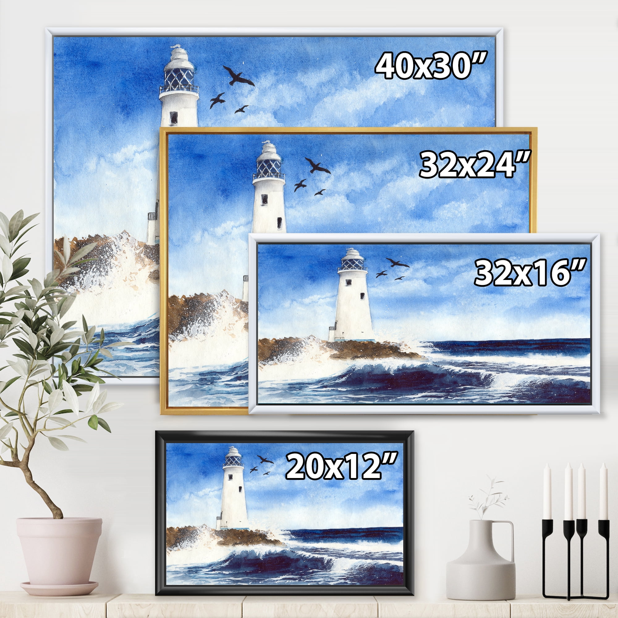 Designart 'Seagulls With Lighthouse On The Rocky Island' Nautical & Coastal Framed Canvas Wall Art Print