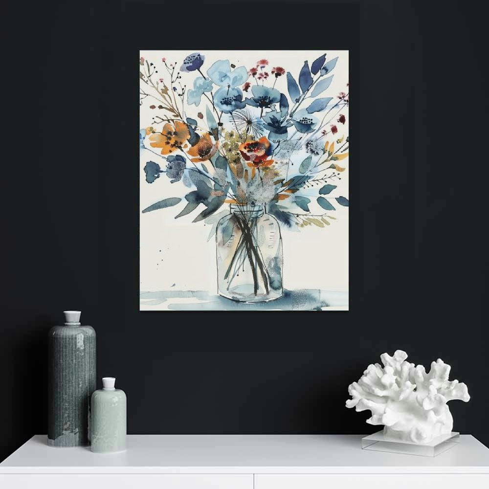 ONETECH Navy Flowers Canvas Wall Art Watercolor Style Abstract Floral Pictures for Bathroom Wall Decor Elegant Botanical Canvas Painting Modern Indigo Blue Simple Life Canvas Print Artwork Decoration