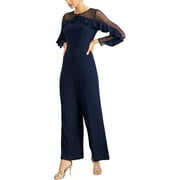 R&M Richards Women's Petite Long-Sleeved Jumpsuit with Sheer Panels and Ruffles