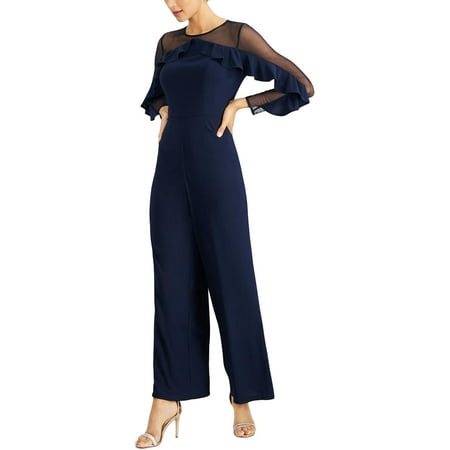 R&M Richards Women's Petite Long-Sleeved Jumpsuit with Sheer Panels and Ruffles