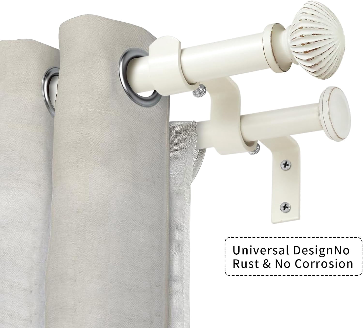 eTeckram 5/8" Double Curtain Rod with Bateau Finials,Weathered White,84‘’-120‘’