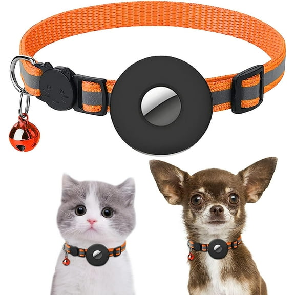 Airtag Cat Collar, Reflective Air Tag Kitten Collar with Bells, Adjustable Breakaway Safety Buckle Pet Collars with Silicone Waterproof Airtag Holder for Cat Dog Kitten Puppy (Orange)