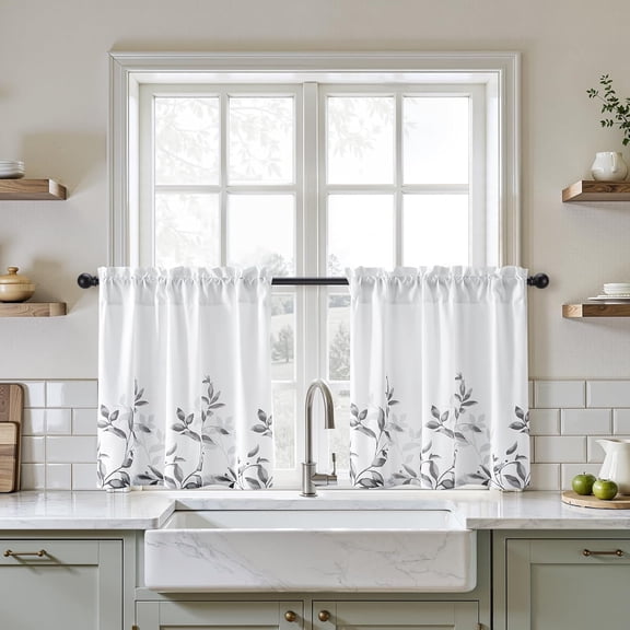 Kitchen Curtains, Short Non-See-Through Privacy Tier Curtains, Grey and White Leaf Floral Printed Light Filtering Semi Sheer Window Drapes, 2 Panels