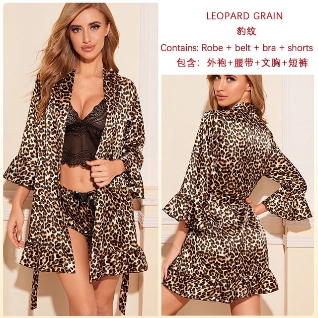 Pijama sexy de verano para el hogar, camisón de rayas, bata de baño de seda artificial con estampado de leopardo, traje de tres puntos 037