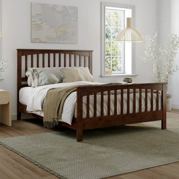 Camilla Queen Wood Low Profile Platform Bed with Matching Footboard in Walnut