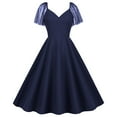 thumbnail image 2 of Elainilye Fashion Women Dresses Solid Color Mesh Splicing Vintage Dress Puffy Dress Formal Party Dress Large Skirt,Blue, 2 of 5