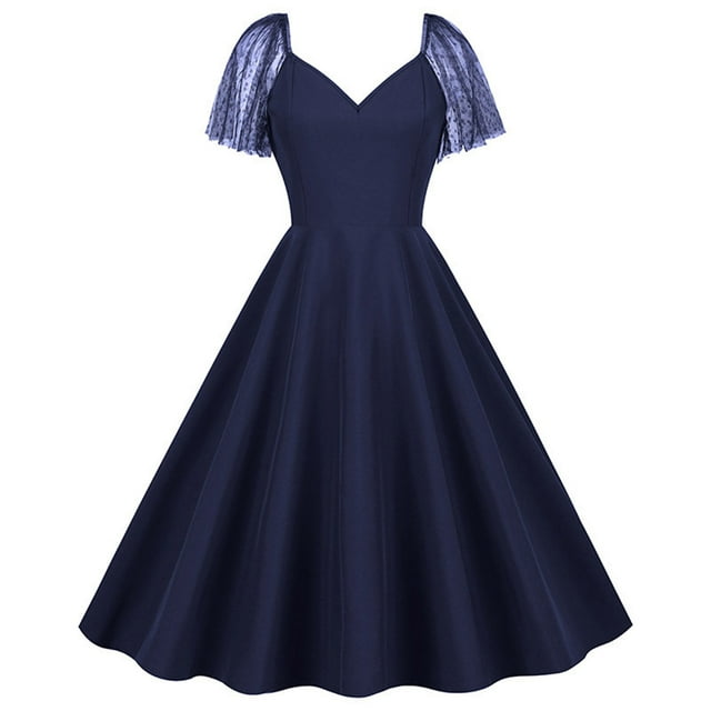 AherBiu Robe Vintage pour Femmes Années 1950 en Mousseline, Manches Courtes à Cap, Rétro, Froncée, à Volants, Robe Midi pour Retour à la Maison