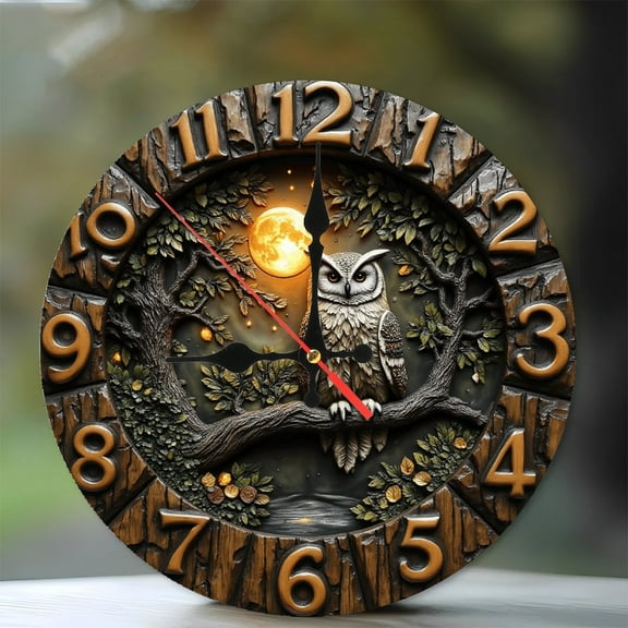 Owl Wall Clock Decor 10-Inch Silent Wooden Wall Clock, Battery Operated (AA Batteries Not Included), Artistic Home Decor