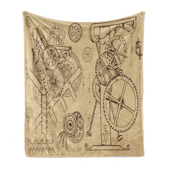 Steampunk Soft Flannel Fleece Blanket, Retro Hand-Drawn Infographic of Mechanisms and Machines Inspired Print, Cozy Plush for Indoor and Outdoor Use, 60" x 80", Beige and Dark Brown, by Ambesonne