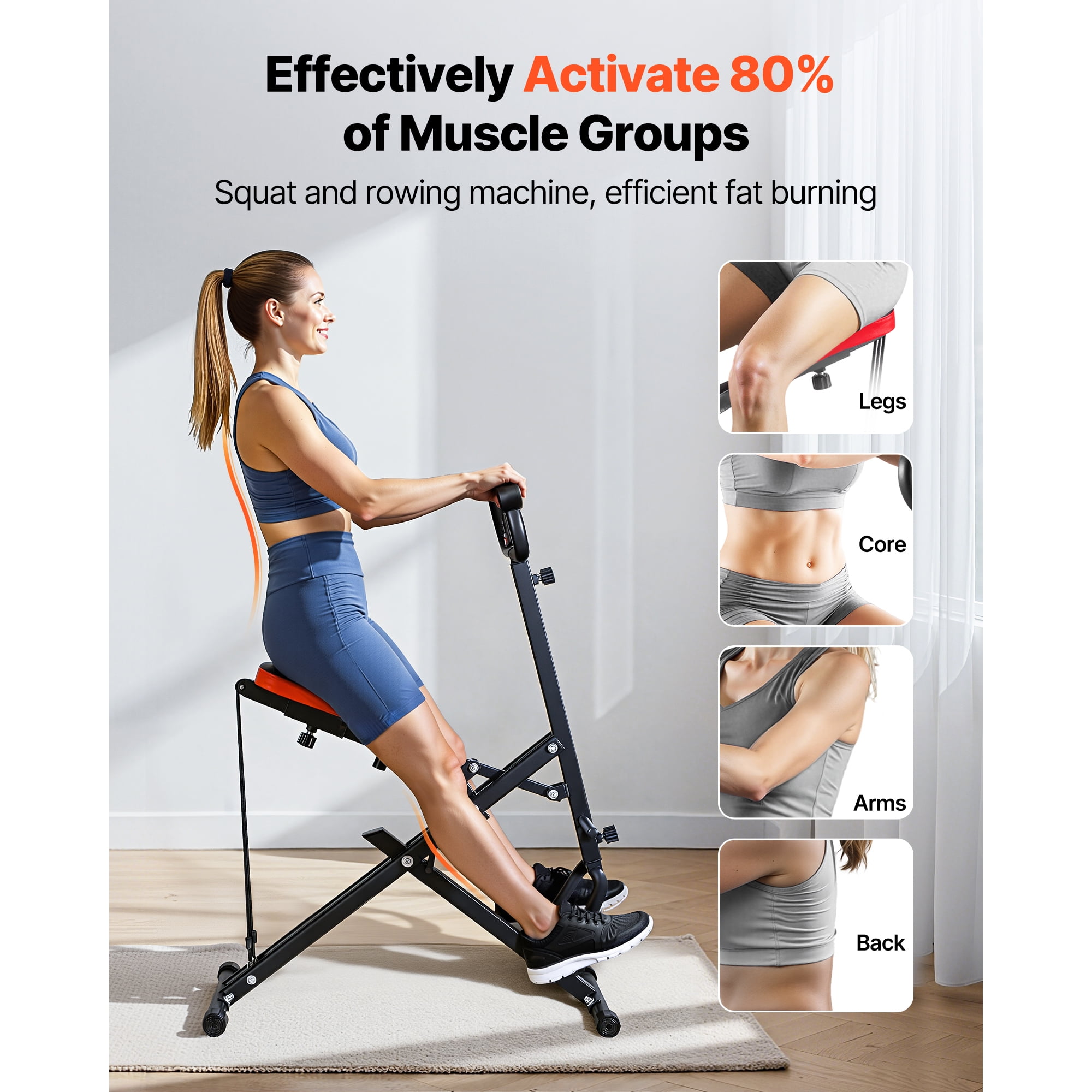 KFFKFF Foldable Squat and Rowing Machine for Home Workouts, Easy-to-Set-Up Exercise Equipment with Resistance Bands, Glute and Leg Training Machine, Black