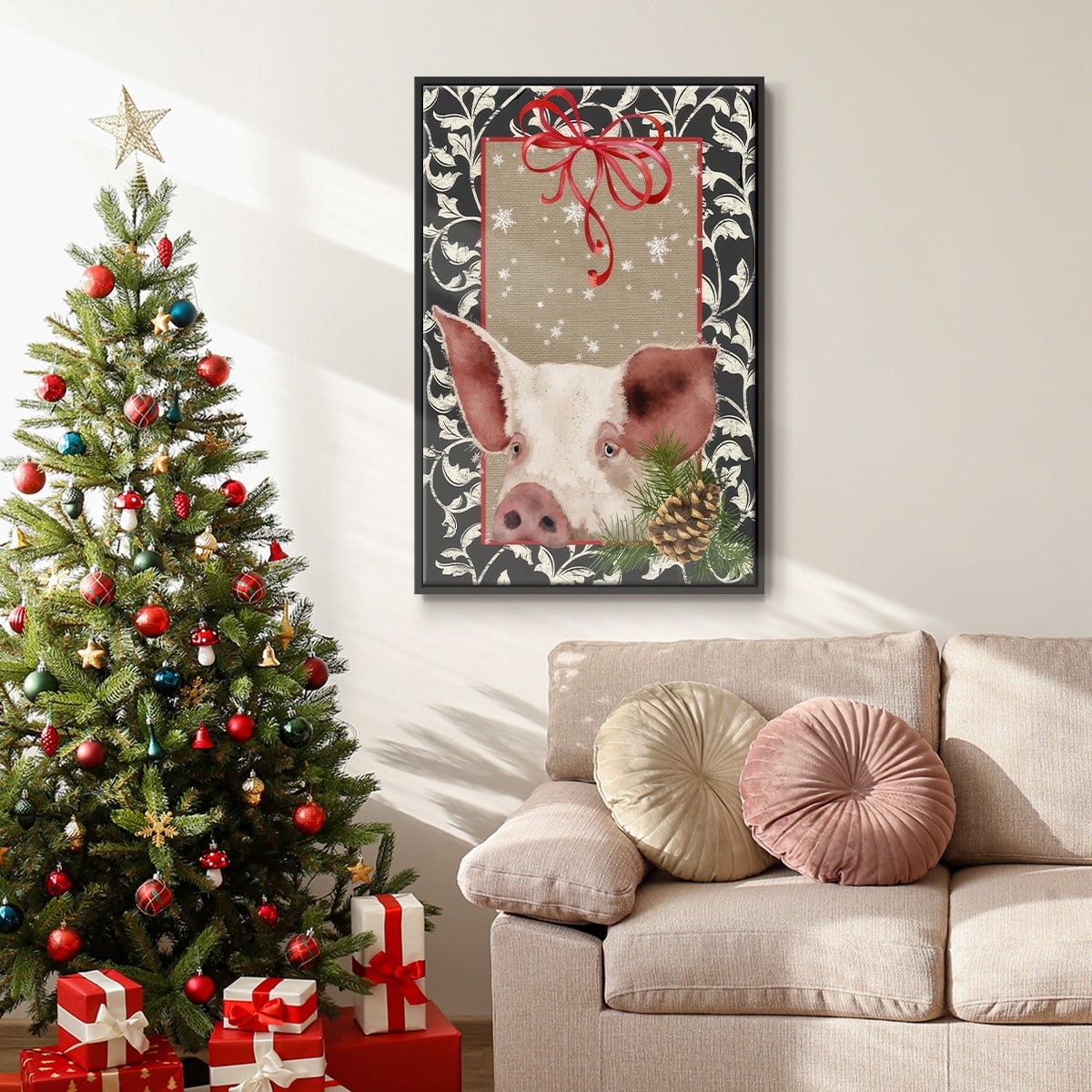 County Christmas Farm II - Framed Gallery Wrapped Holiday Canvas - 25 x 37 - Black Frame