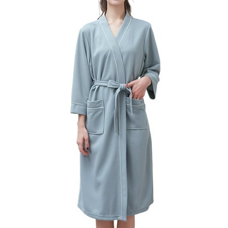 

Homegro Women s Waffle Bath Robes 3/4 Sleeves Bathrobe Spa Pockets Belted Mid-length Green Large