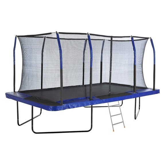 Plexalife 8' X 14' Gymnastics Style, Rectangular Trampoline Set with Premium Top-Ring Enclosure System - Blue/Black with Bonus 3-Step Ladder