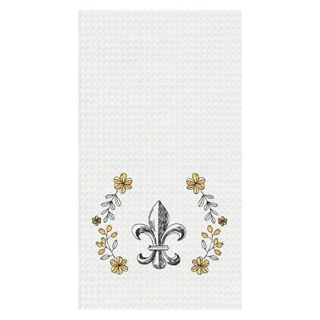 

Fleur De Lis Black and Yellow Floral 27 x 18 Cotton Fabric Waffle Weave Kitchen Dish Towel